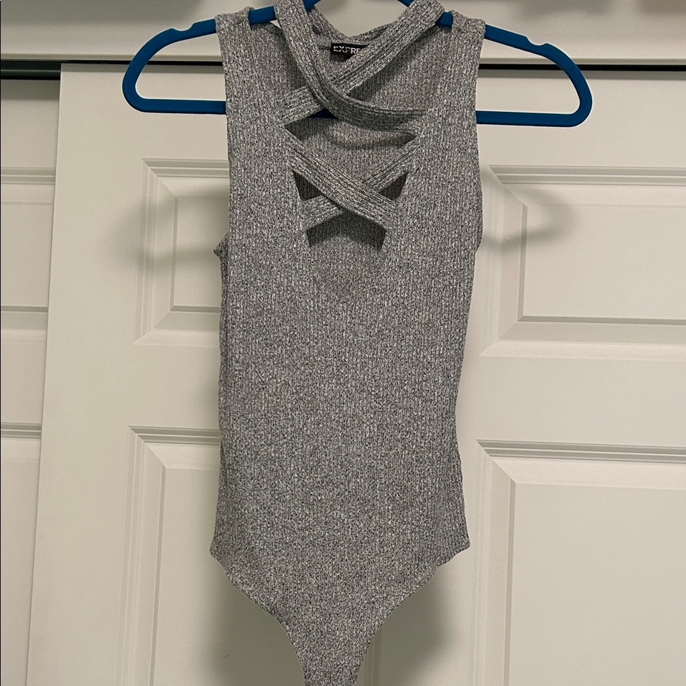 Express Gray Cross-Strap Thong Bodysuit